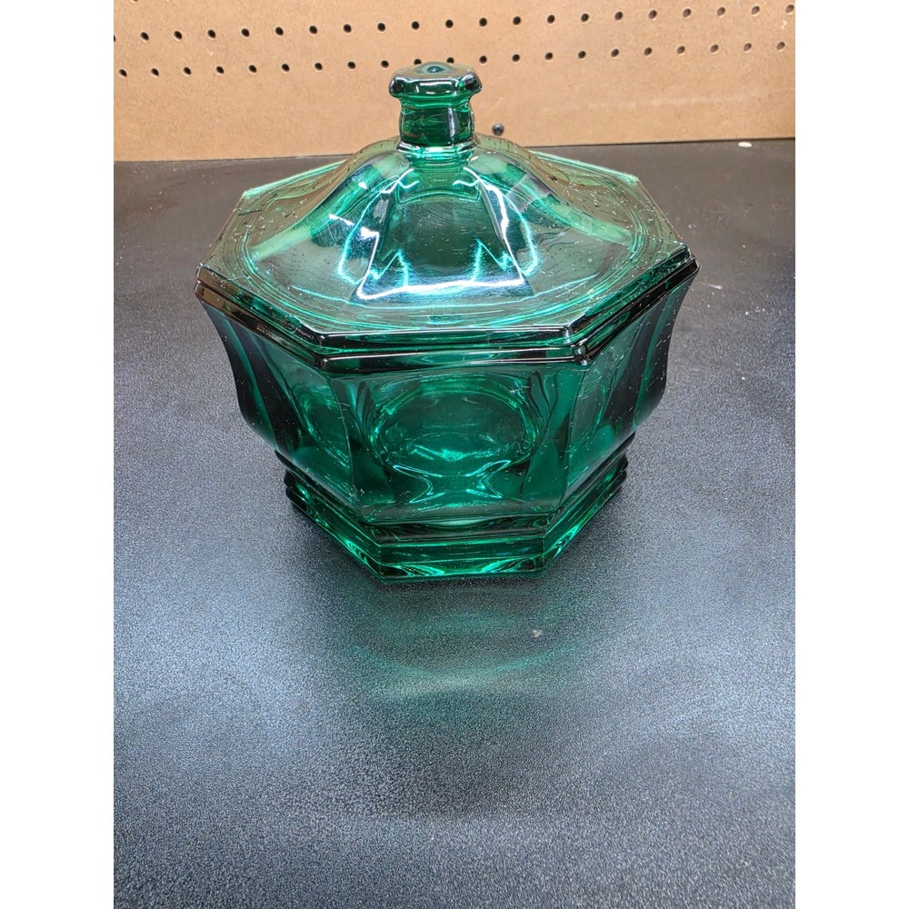 Vintage Emerald Green Glass Candy Dish Octagonal Lidded Trinket Jar 5.5"
